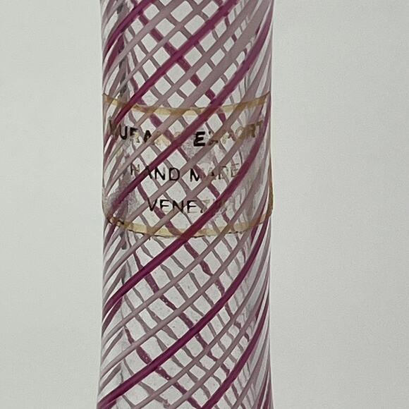 Murano Filigrana Stoppered Vase Mouth Blown White Pink Striped Art Glass Signed - Picture 7 of 11